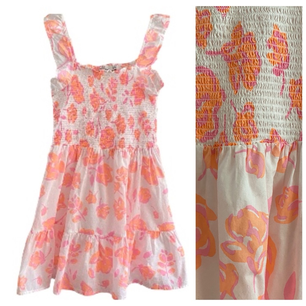 Vineyard Vines White Orange Print Floral Print Smocked Dress Medium